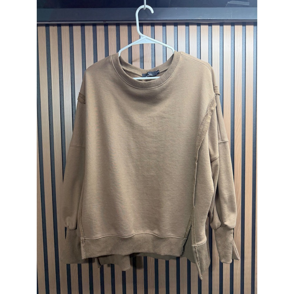 Trendy Queen Oversized Sweatshirt Brown Raw Edge Asymmetrical Seam Pullover XL